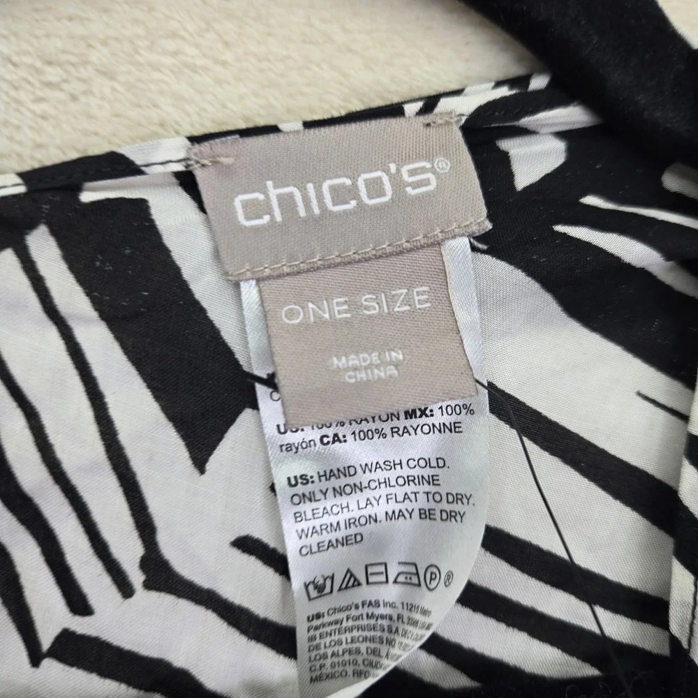 Chico's One Size Black White Palm Leaf Kimono‎ Kaftan Cover Up Beach Resortwear